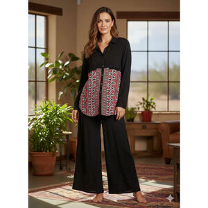 Free People Button Down Shirt SP Black Red Floral bohemian western